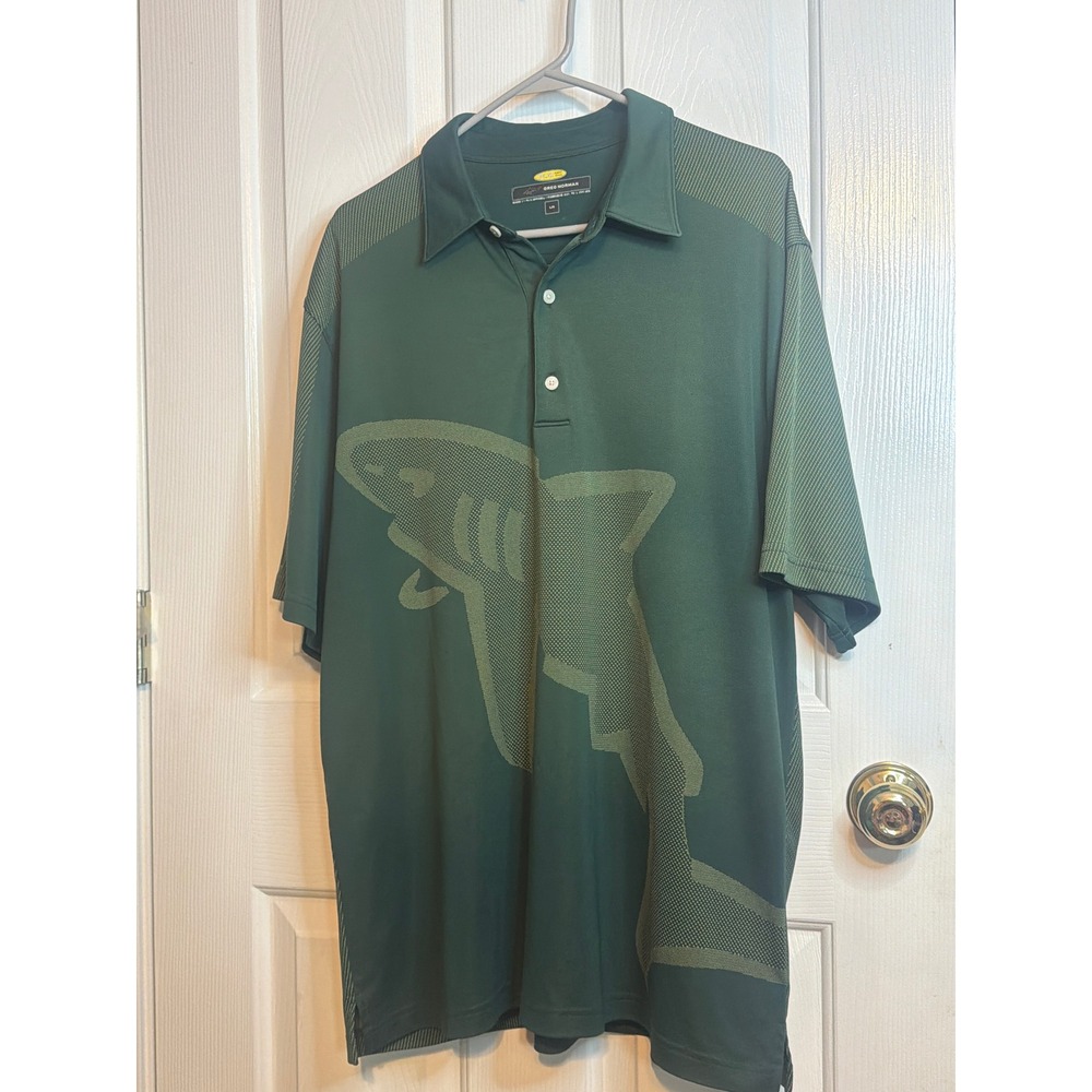 Greg Norman Play Dry Mens Large‎ Green Shark Graphic Golf Polo Shirt Microfiber
